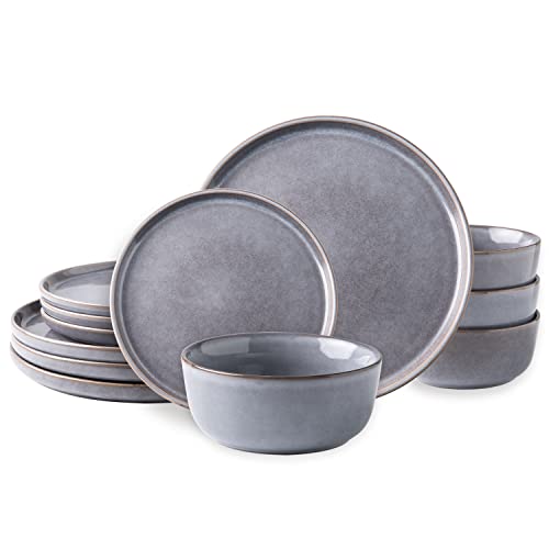 AmorArc Stoneware Dinnerware Sets,Round Reactive Glaze Plates and Bowls Set,Highly Chip and Crack Resistant | Dishwasher & Microwave Safe Dishes Set,Service for 4 (12pc)