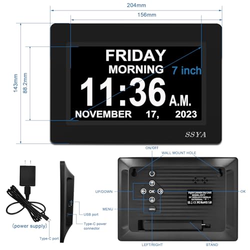 SSYA [Newest Version] 7 Inch Calendar Clock - 12 Alarm Options, Level 5 Auto Dimmable Display,Extra Large Impaired Vision Digital Clock with Non-Abbreviated Day & Month Alarm Clock (7 inch)