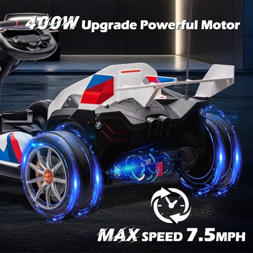 36V Licensed BMW Electric Go Kart, 7.5 MPH Drift Kart with 600W Motor, Outdoor Driftable Kids Race Pedal Go Karting Car w/Adjustable Seat, Lights, for 6 Years Old, White