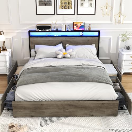 Full Size Bed Frame with Headboard, LED Platform Bed with 4 Storage Drawers, Built in Charging Station, Noise-Free, Metal Support Base, No Box Spring Needed, Black