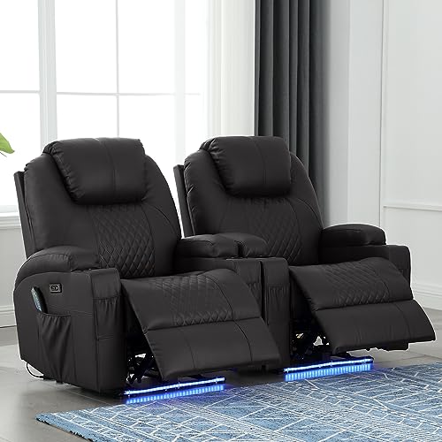 Power Recliner Chair with Heat and Massage, PU Leather Home Theater Seating w/LED Lights/Cup Holders/Side Pocket/USB Port, Lazy Boy Reclining Sofa Chair for Living Room (2, Brown)