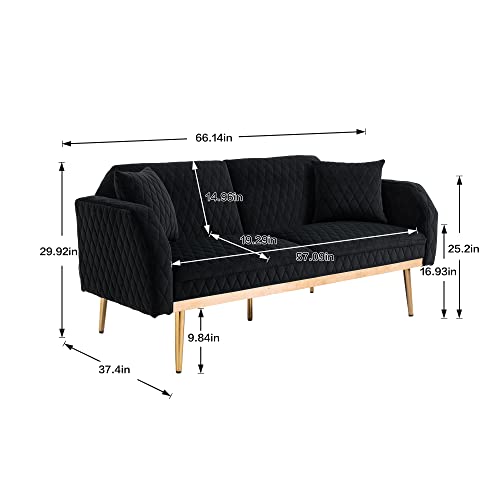 Modern Velvet Loveseat,Convertible Sleeper Futon Sofa Bed with Metal Legs and 2 Throw Pillows for Living Room, Bedroom (Black)