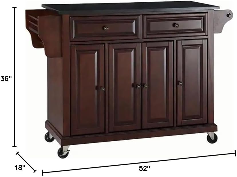 Pemberly Row Traditional Wood Kitchen Cart w/Granite Top in Mahogany/Black