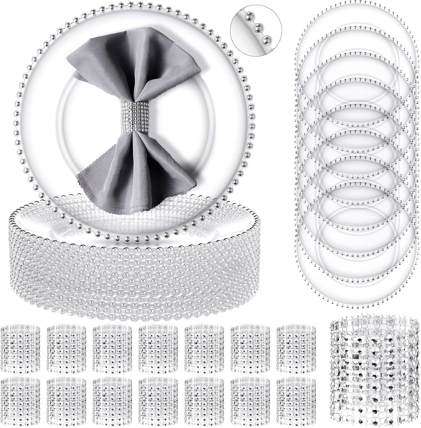Dandat 50 Pack Clear Charger Plates Set 13 Inch Plastic Round Plates Bulk Silver Beaded Rim Dinner Plates with Napkin Rings, Wedding Party Banquet Events Kitchen Decoration