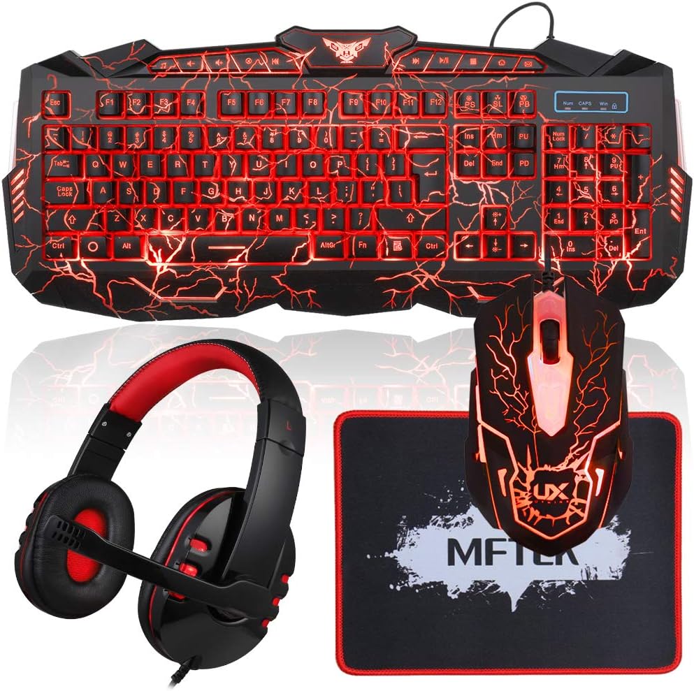 Gaming Keyboard and Mouse Combo with Headset, MFTEK Crack Backlit 3 Colors Keyboard, Wired Gaming Mouse, Lighted Gaming Headset with Microphone Set, 50mm Speaker Driver + Mouse Pad for PC Games Pack of 2