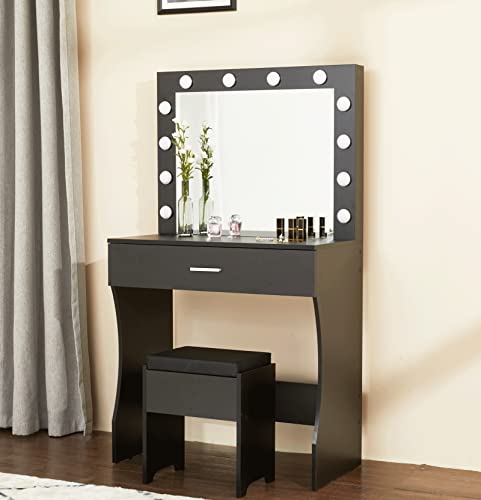 Makeup Vanity Desk with Mirror and 12 Lights 3 Color Modes, White Vanity Table for Bedroom with Charging Station, Vanity Set with Large Mirror and Storage Stool