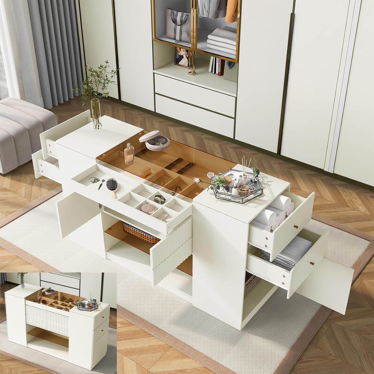 Wardrobe Armoire Bedroom Island with Glass Top, Closet Island with 6 Drawers, 3 Cabinets, Glass Display Shelf Island Dresser Wooden Closet Storage Cabinet for Walk-in-Wardrobe Bedroom Shops