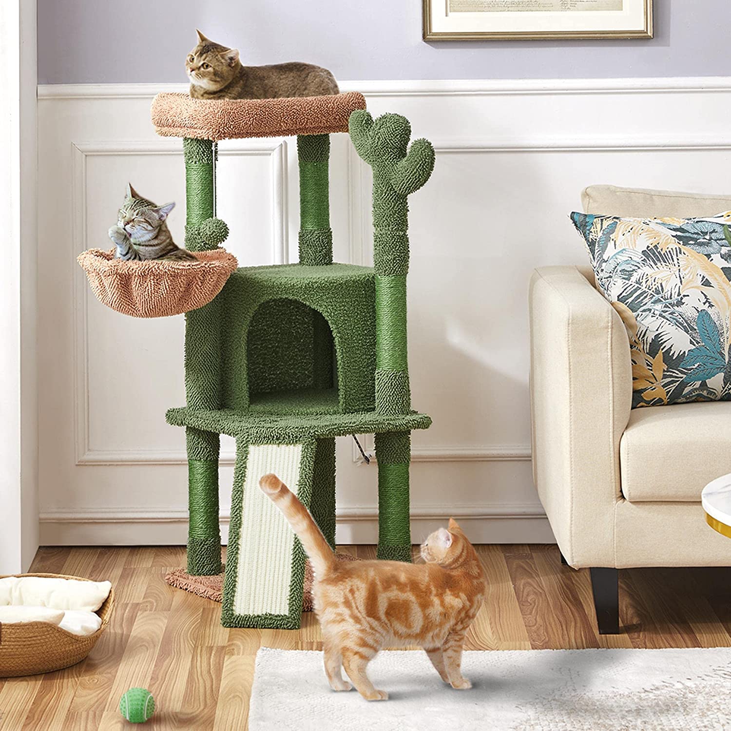 42″ H Cactus Cat Tree, Cute Cat Tower w/Scratching Posts, Indoor Cat Furniture Cat Activity Center Play House w/Platform, Condo, Basket & Hanging Ball