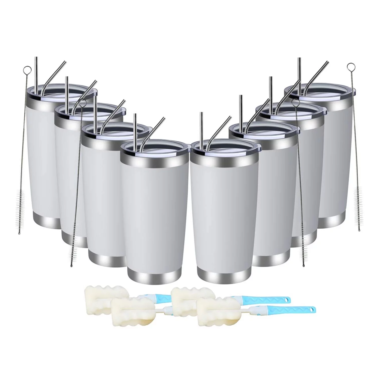 MEWAY 20oz Tumbler 8 Pack Double Wall Vacuum Insulated Travel Mug Bulk, Stainless Steel Tumblers with Lid and Straw, Durable Powder Coated Coffee Cups for Cold & Hot Drinks (White, 8)