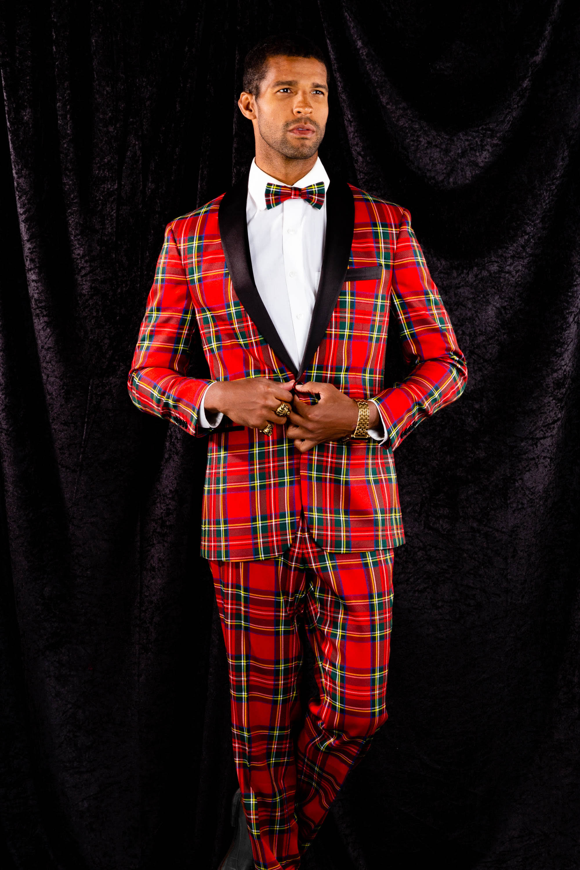 The Rockefeller | Tartan Plaid Tuxedo | Size 50 | Black/Red | Shinesty