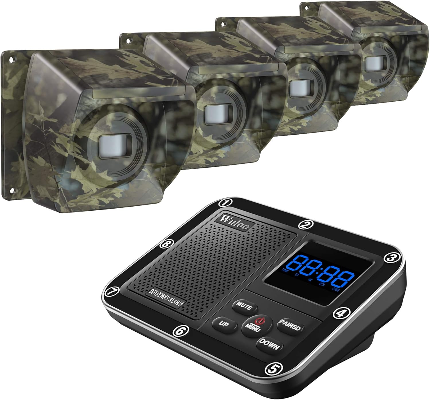 1800 Ft Wireless Outside Driveway Alarm Outdoor Motion Sensor & Detector Driveway Alert System, Rechargeable Battery/Weatherproof/Mute Mode/Clock and Alarm Functional (1&4-Camouflage)
