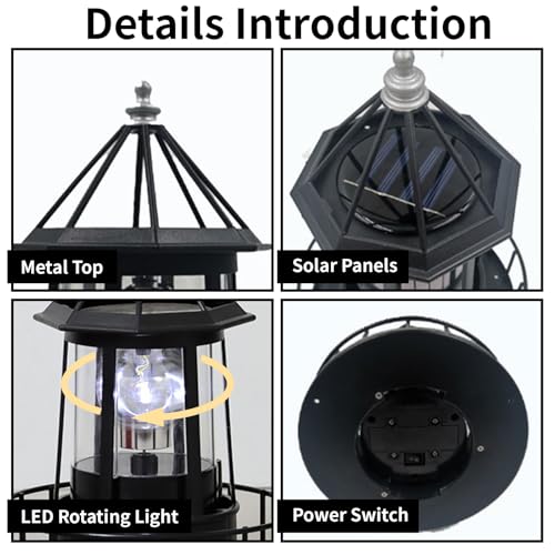 LED Solar Powered Lighthouse, 360 Degree Rotating Solar Lighthouse Outdoor, IP65 Waterproof Solar Lighthouse Garden Courtyards Lamps for Patio Garden Courtyards Lawns Decor Pathway（Black）