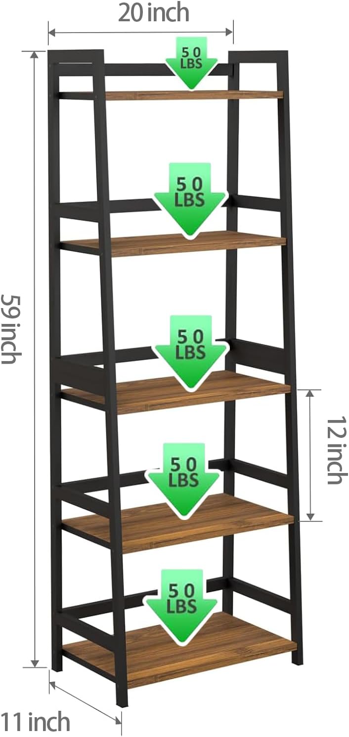 Bamboo Bookshelf Bookcase 5 Tier Tall Book Shelf Wall Corner Rack Modern Display Standing Plant ladder Shelf Shelving Unit Bamboo Book Shelves for Living Room, Home Office, Bathroom, Kitchen, Entry