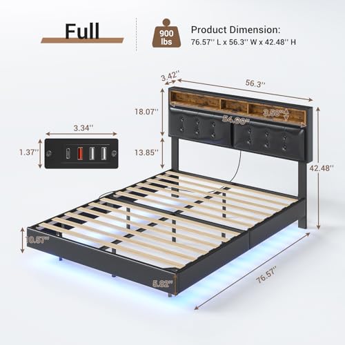 Hasuit California King Floating Bed Frame with LED Lights, California King Bed Frame with Headboard and Charging Station, Cal King Bed Frame No Box Spring Needed, Easy to Assemble, Faux Leather Black