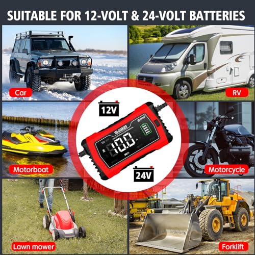 Battery Charger 10-Amp 12V and 24V Smart Car Battery Charger,Trickle Charger,Battery Maintainer and Desulfator,for Car Motorcycle Lawn Mower..Lithium,LiFePO4,Lead Acid (AGM/Gel/SLA..)