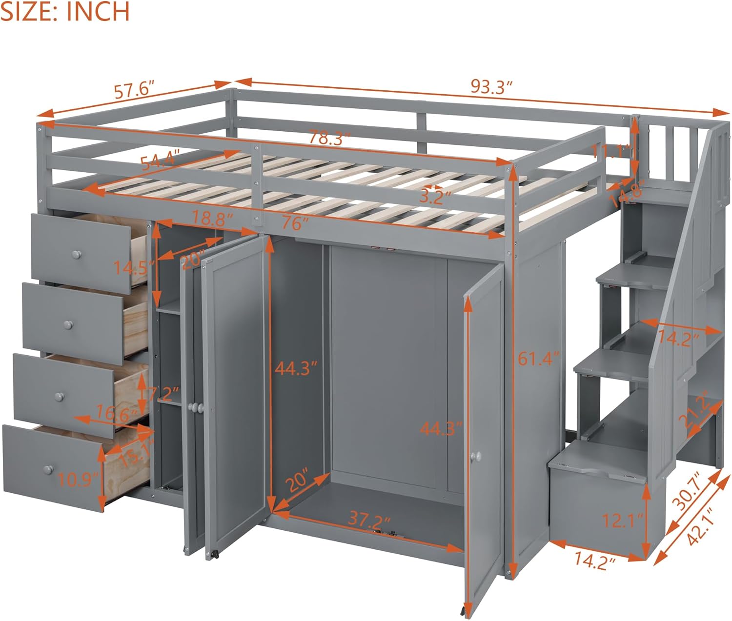 Full Size Loft Bed with Storage Space, Muti-Functional Wooden Loft Bed Frame with Built-in Wardrobes, Staircase, Cabinets and Drawers for Kids Teens Adults Bedroom, Space-Saving Design, Gray