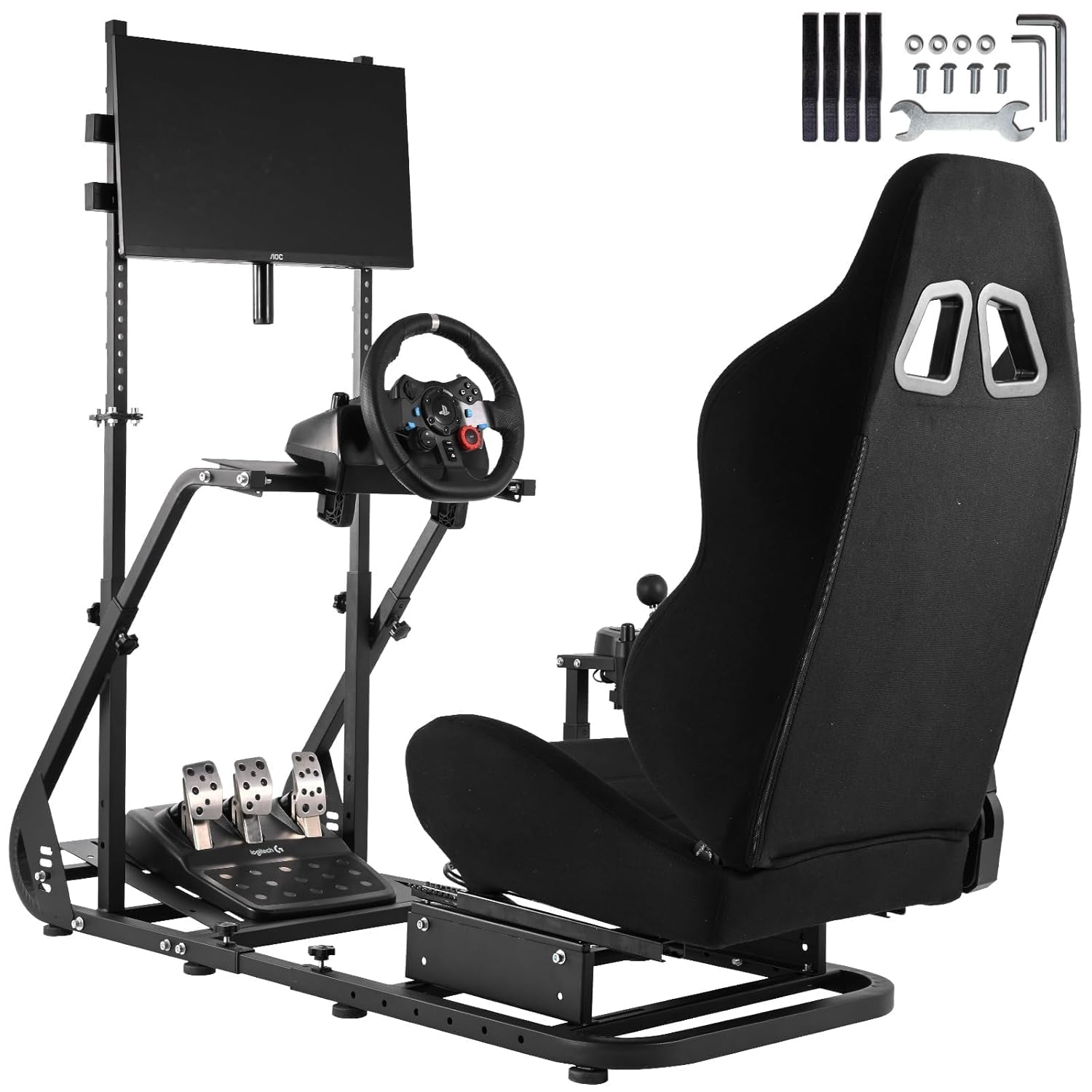 Anman G25 Pro TV VR Sim Racing Simulator Cockpit Black Seat with Visualizer Monitor Stand Fit for Logitech/Thrustmaster/Fanatec G25 G27 G29 G920 G923 T300RS TX,Excluding Electronic Devices