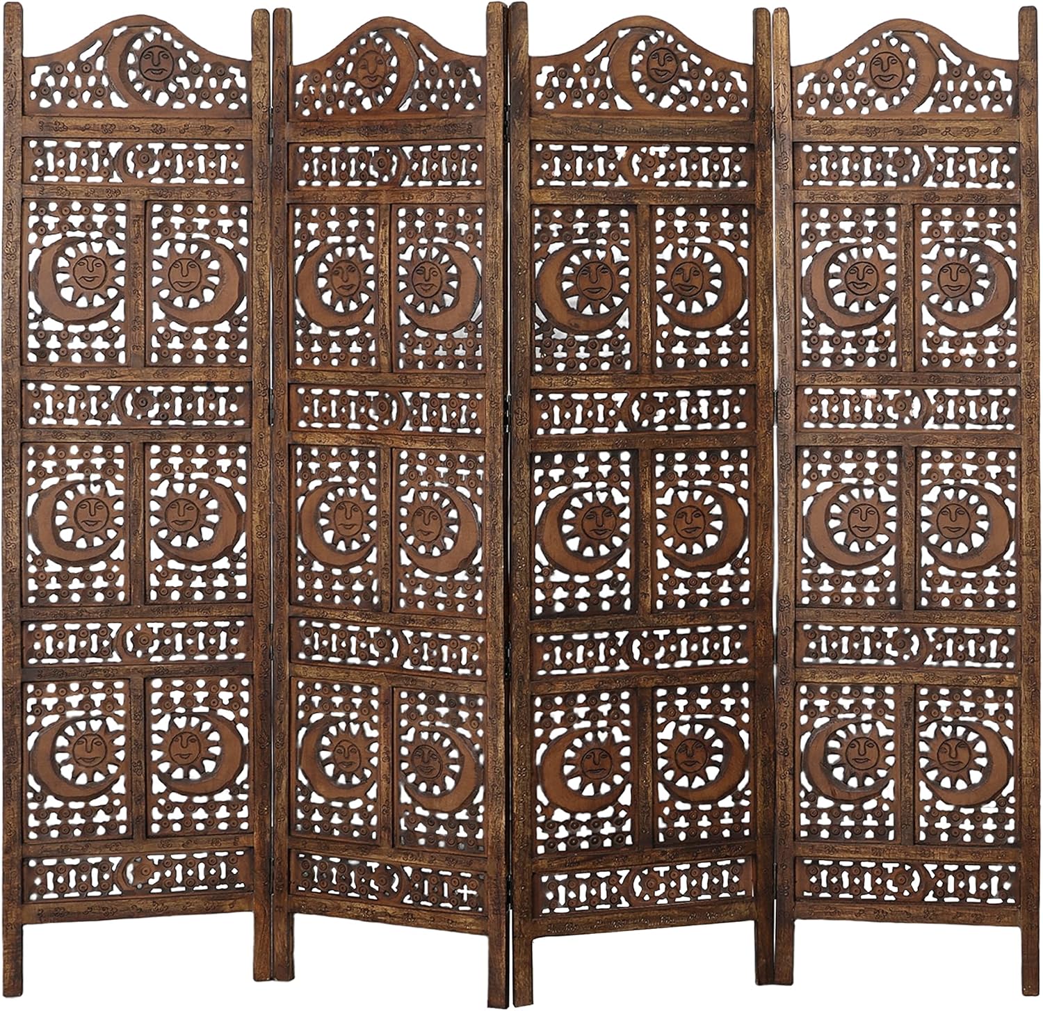 Hand Carved Sun and Moon Design Foldable 4 Panel Wooden Room Divider