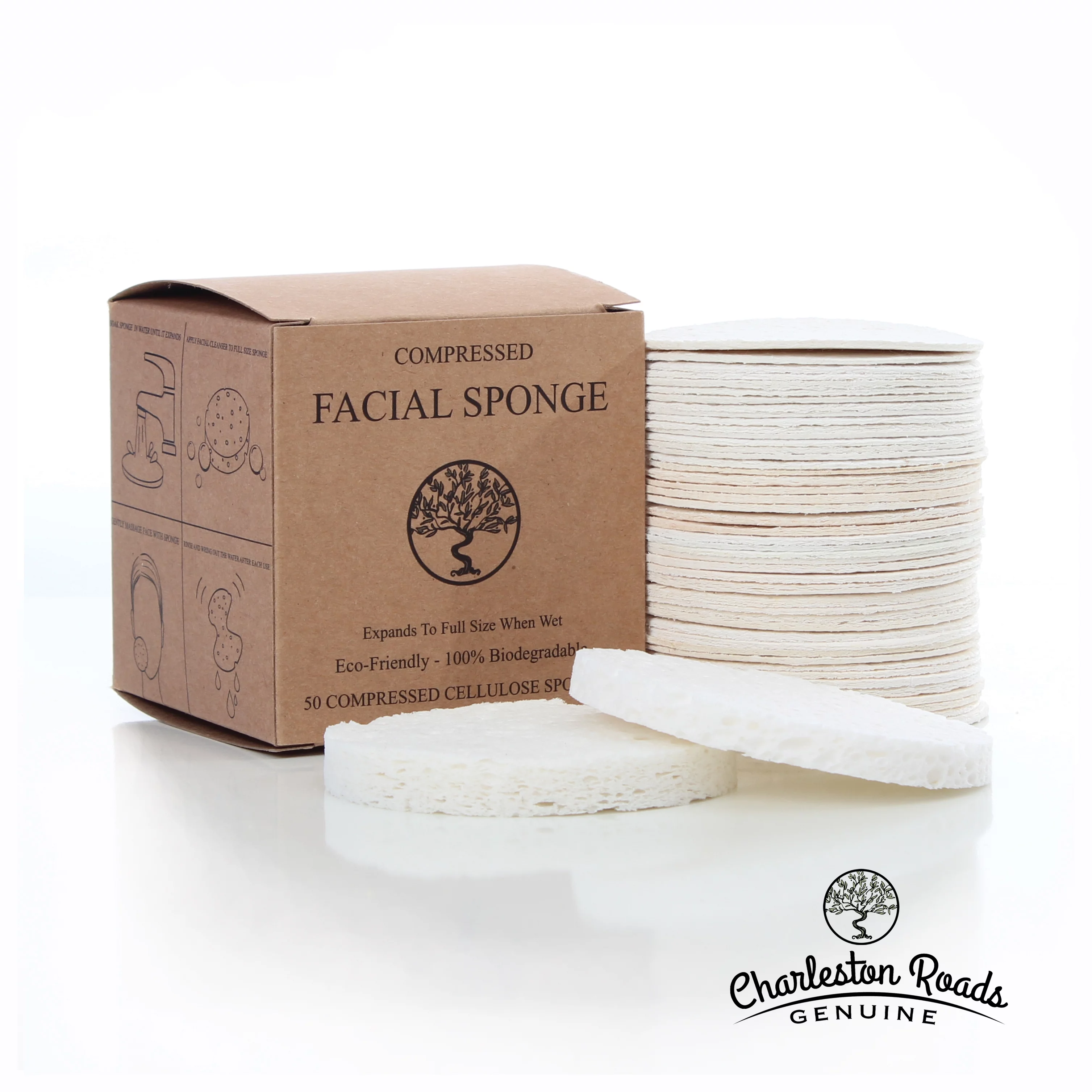 Charleston Roads Compressed Cellulose Facial Cleansing Sponge (White, 50)