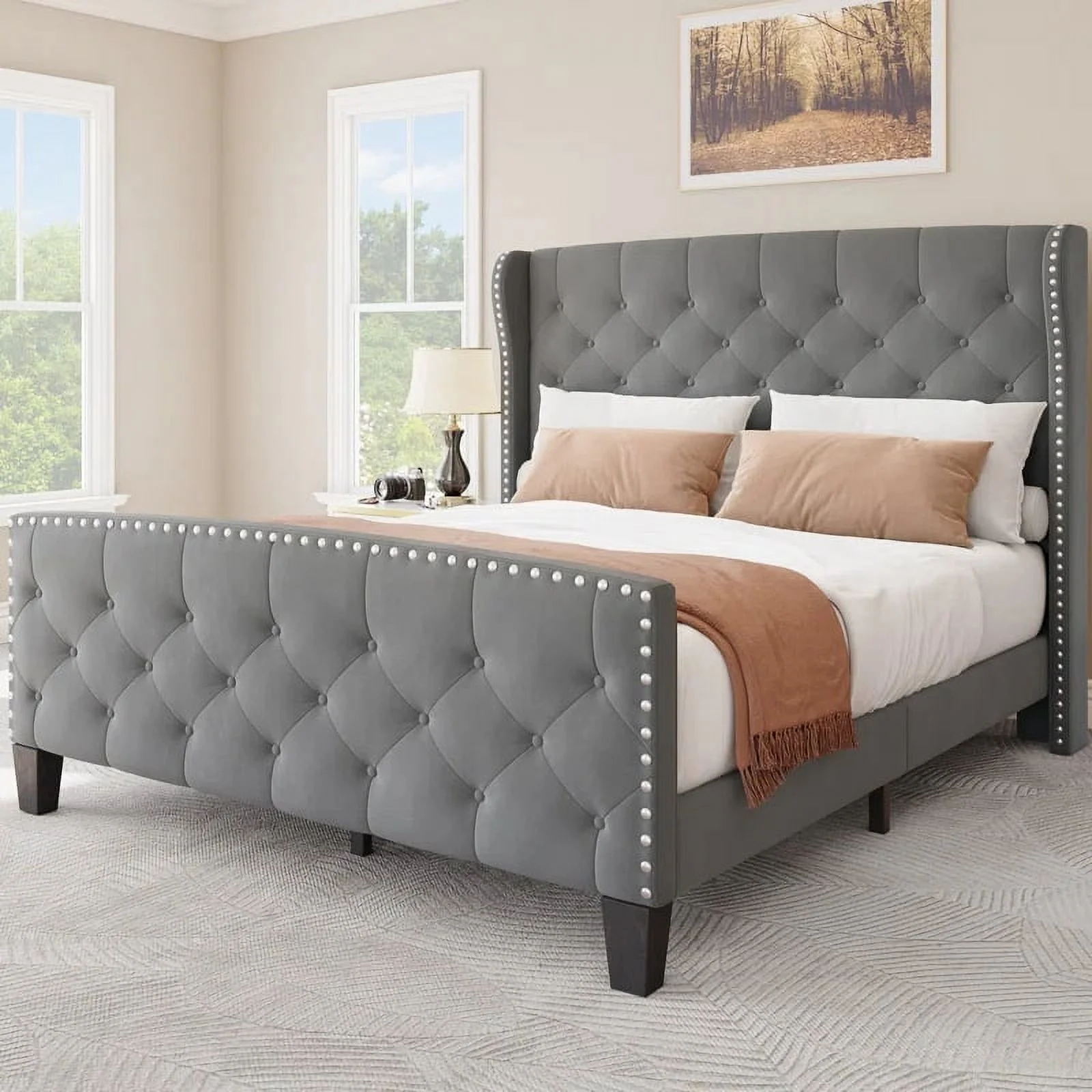 Dextrus Upholstered Bed Frame Queen Size, Platform Bed Base with Velvet Headboard & Footboard, Wingback Upholstered Bed Frame Mattress Foundation, No Box Spring Needed, Grey
