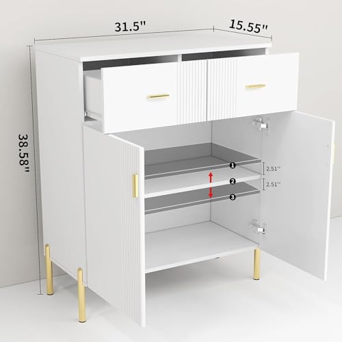 2 Door Sideboard Floor Storage with 2 Drawers and Shelves Buffet Cabinet Perfect for Living Room, Kitchen, Home Office, Entryway, Elegant White Finish