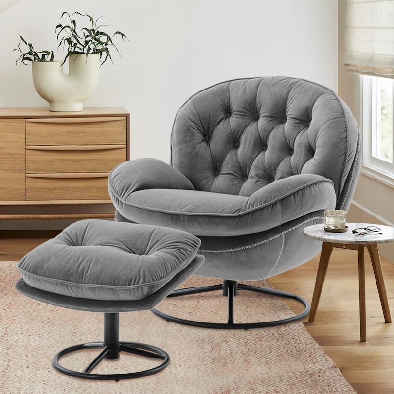 Velvet Swivel Accent Chair with Ottoman Set,Modern Lounge Chair with Footrest, Comfortable 360 Degree Swivel Armchair, Reading Chair for Living Room, Bedroom, Reading Room (gray)