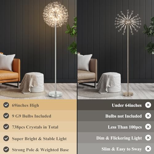 BesLowe 69'' Crystal Floor Lamp for Living Room, Modern Standing Lamp with 738PCS K9 Crystals, Tall Lamp Pole Light for Bedroom Office, Mid Century Silver Floor Lighting with 9 LED Bulbs, Chrome