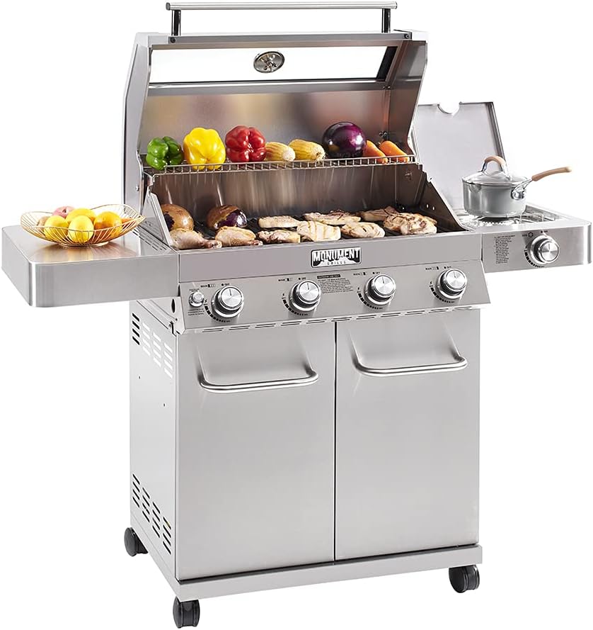 Monument Grills 41847NG Convertible 4-Burner Cabinet Style Natural Gas Grill ,Stainless Steel Propane Grills, LED Controls,Side Burner(Without Conversion Kit)