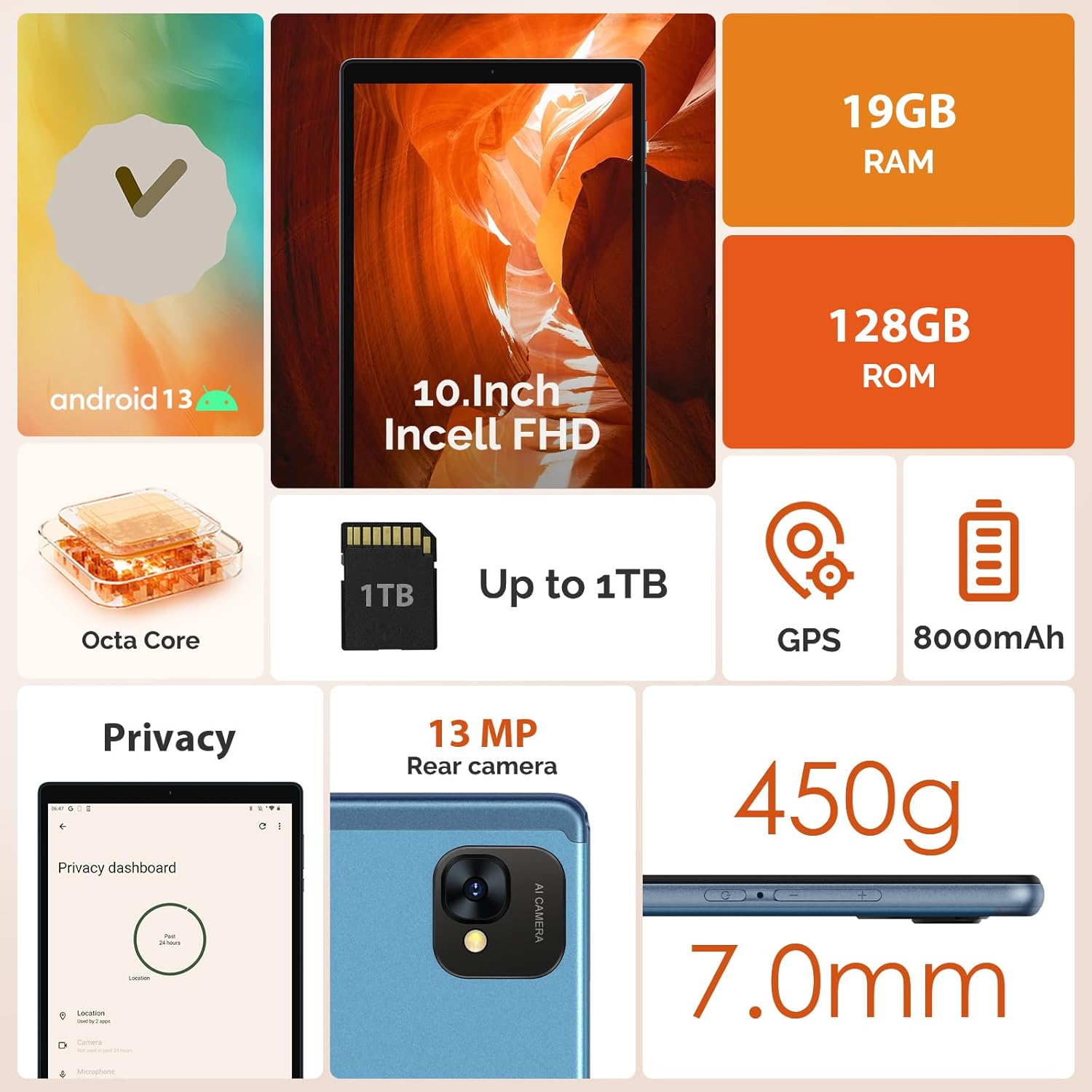 2024 Android 13 Tablet, 10.1 inch Tablet with 128GB ROM,19GB RAM, 1TB Expand, 2.0GHz cpu, 1920*1200 Incell screen, 8000mAh, 8+13MP WiFi BT5.0 GPS Android Tableta with Keyboard and Mouse - Blue