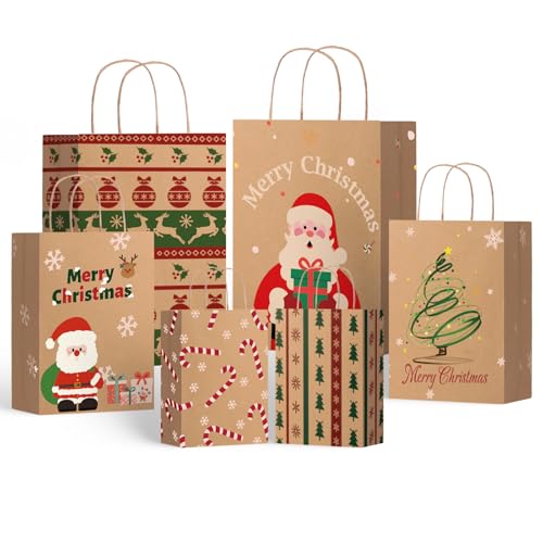 SUNEE Christmas Gift Bags with Tissue paper, 24pcs Assorted Sizes Xmas Bags Bulk with Handles, Assorted with Xmas Stockings, Santa Claus Designs for Christmas Gifts, 8 Large 13