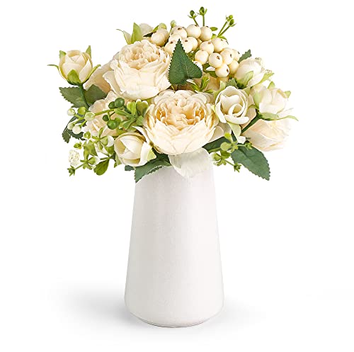 Mkono Small Artificial Flowers in Ceramic Vase Centerpieces Table Decor, Silk Flower Arrangements for Home Decor Indoor Fake Flower Bouquet for Shelf Kitchen Dining Room Office Wedding