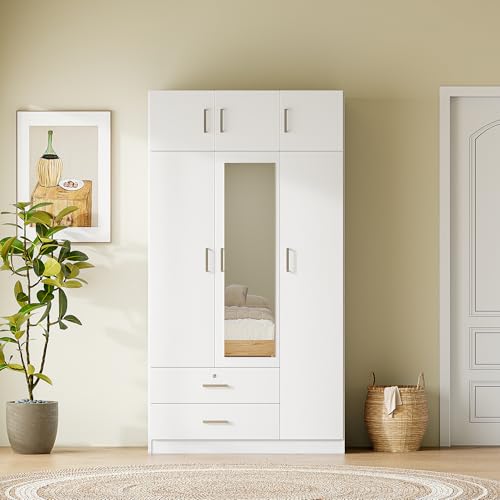 Wardrobe Closet, Wardrobe Closet with Doors, 1 Drawer and Top Cabinet, Modern and Simple Design, Lockable Drawer, Spacious Storage Space, for Bedroom (White,3-Door)