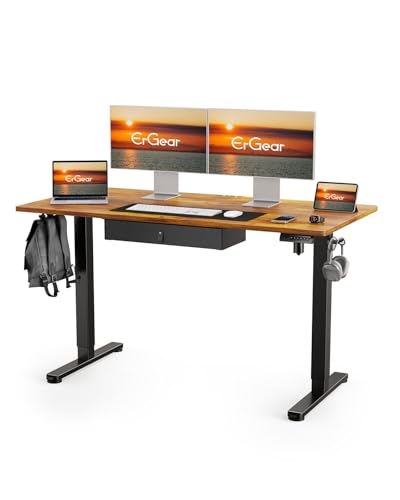 ErGear Electric Standing Desk with Drawer, 55 x 24 Stand Up Desk, Ergonomic Adjustable Table with Storage, Computer Workstation, Cable Management, Headphone/Bag Hooks, Home Office, Rustic Brown