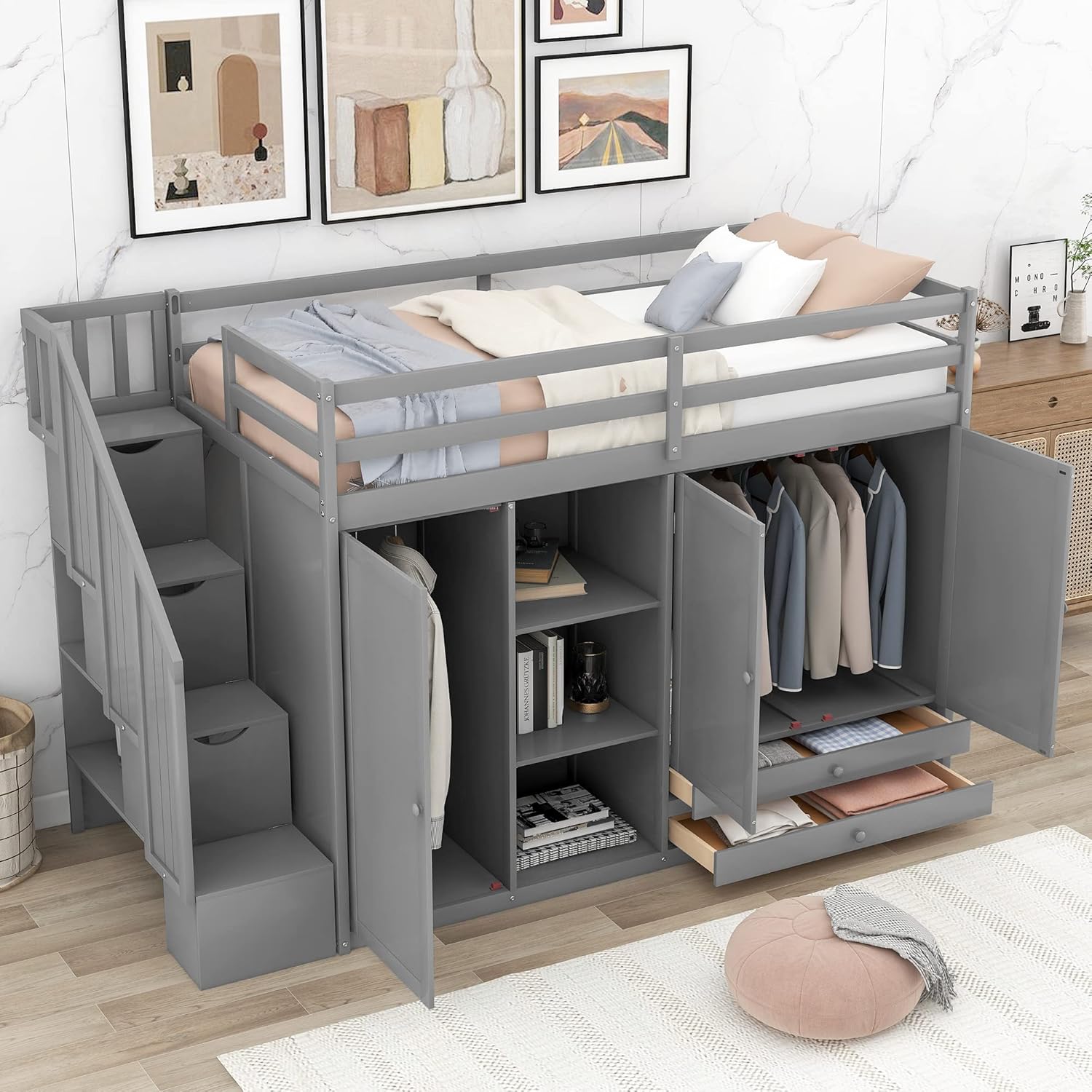 Twin Size Functional Loft Bed with 3 Shelves, 2 Wardrobes and 2 Drawers, Ladder w/Storage Stairway, Wooden Loft Bedframe, Space Saving Bedroom Furniture for Kids Teens, No Box Spring Required