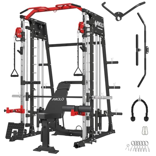 Mikolo Smith Machine Home Gym, 2200lbs Squat Rack with LAT-Pull Down System & Cable Crossover Machine, Training Equipment with Adjustable Weight Bench