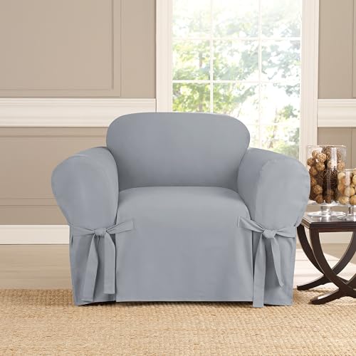 SureFit Heavyweight Cotton Duck T-Cushion Chair Slipcovers, Heavyweight Cotton Chair Cover, One Piece Design, Armchair Cover with Seat Elastic and Adjustable Corner Ties, Khaki