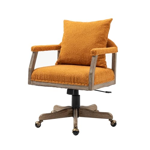 Warmiehomy Ergonomic Office Chair with Wheels and Wood Legs Boucle Fabric Desk Chair Modern Swivel Accent Chair with Removable Pillow Backrest Comfy Reading Chair for Bedroom Living Room,Light Blue