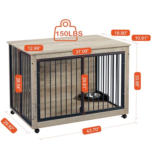 Large Dog Kennel Furniture -Adjustable Raised Feeder for Dogs with 1 Stainless Steel Bowls -End Table Dog House Spacious and Stylish Crate for Your Beloved Companion (43Inch Grey)