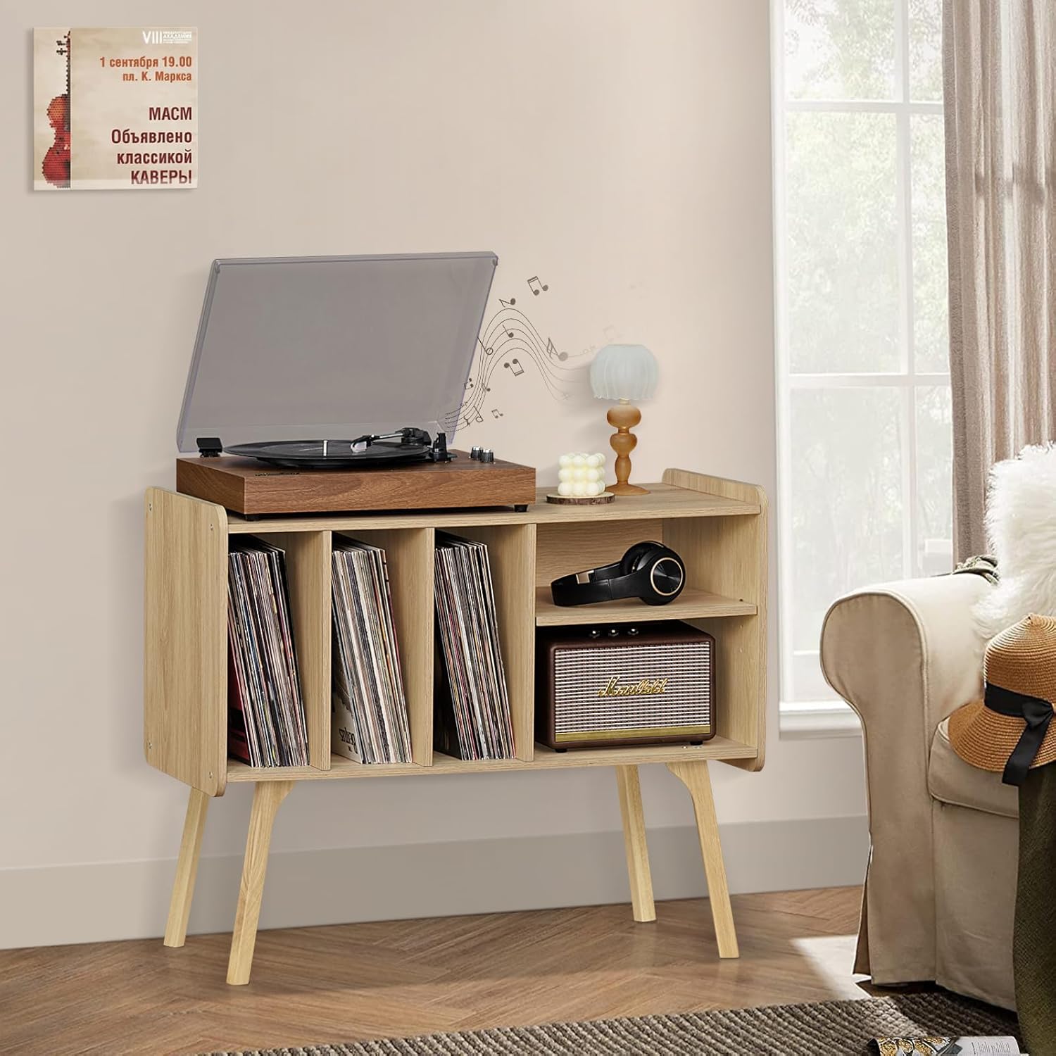 Lerliuo Record Player Stand with 4 Cabinet Holds Up to 220 Albums, Large Turntable Stand with Beech Wood Legs, Mid-Century Record Player Table,Natural Vinyl Holder Storage Shelf for Living Room