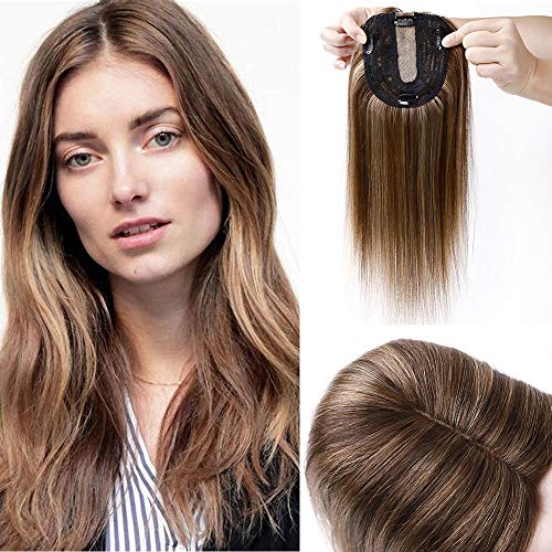 SEGO Clip in Hair Topper For Women, No Bangs Remy Human Hair Toppers Silk Base Top Wiglet Hairpieces for Hair Loss Thinning Hair Cover Grey Hair 4 Clips