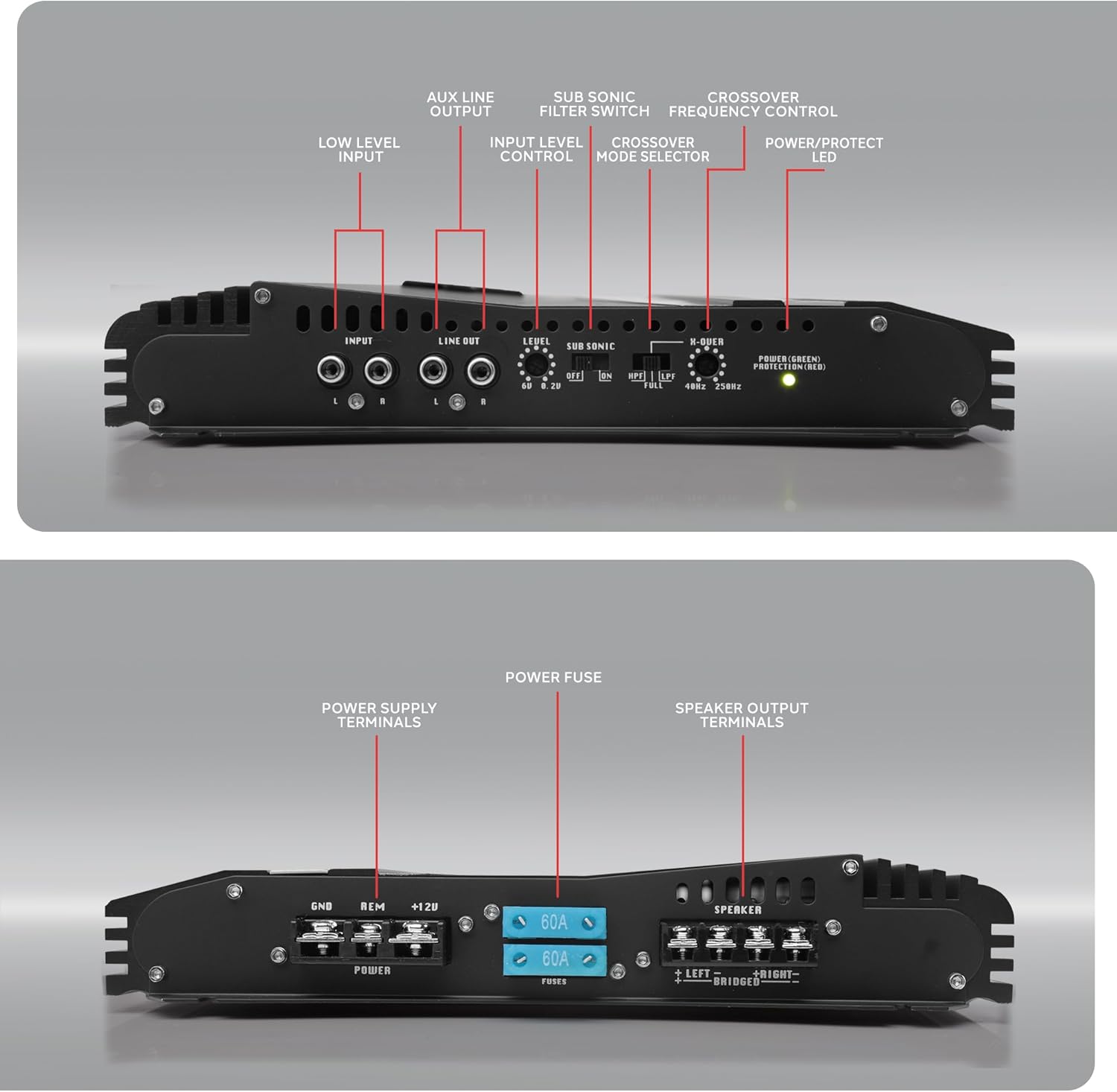 Lanzar 2-Channel High Power MOSFET Amplifier - Slim 6000 Watt Bridgeable Mono Stereo 2 Channel Car Audio Amplifier w/Crossover Frequency and Bass Boost Control, RCA Input and Line Output - VCT2610.5