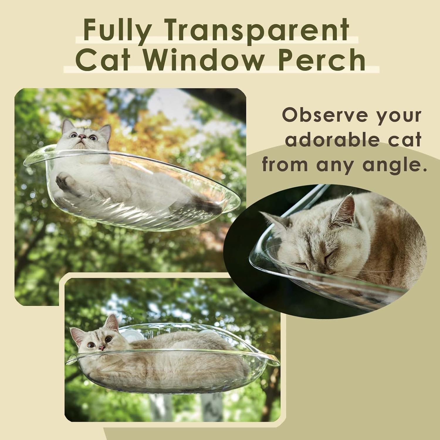 Cat Window Perch, Cordless Transparent Cat Window Hammock, Safety Cat Indoor Furniture, Easy to Install Cat Bed for Large Cats and Kittens