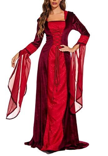 Medieval Victorian Dress for Women,Vintage Witch Halloween Renaissance Costumes Velvet Vampire Hooded Gothic Cosplay Gown