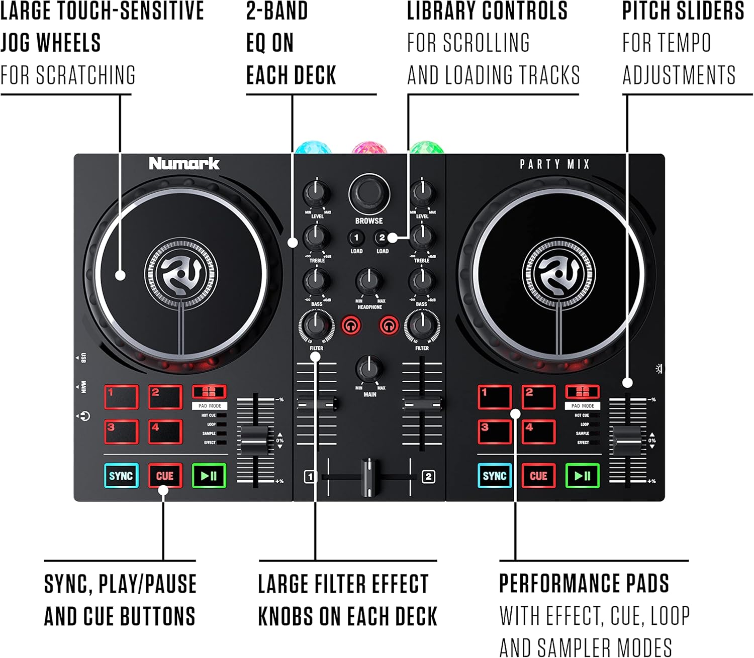 Complete DJ Equipment Package - Numark Party Mix 2 DJ Controller with Party Lights, M-Audio BX3 3.5 Inch DJ Speakers, and Serato DJ Lite