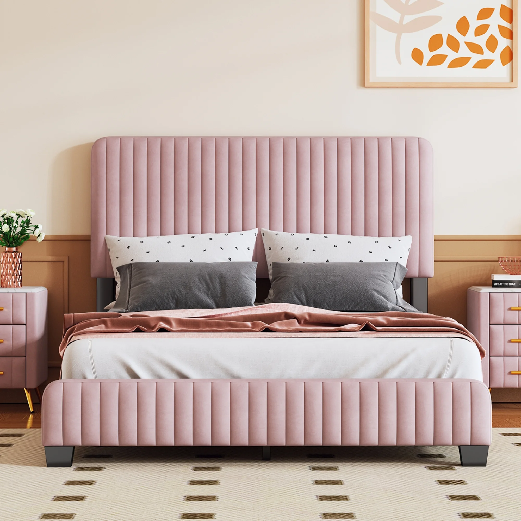 Churanty Full Size Upholstered Platform Bed,Velvet Platform Bed Frame with Headboard,Pink