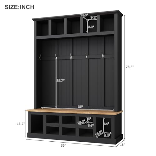 LUMISOL Wide Entryway Hall Tree with Storage Bench, 78''H Entryway Shoe Cabinet with Cube Storage, Hallway Coat Rack with 6 Hooks for Mudroom Living Room, Black