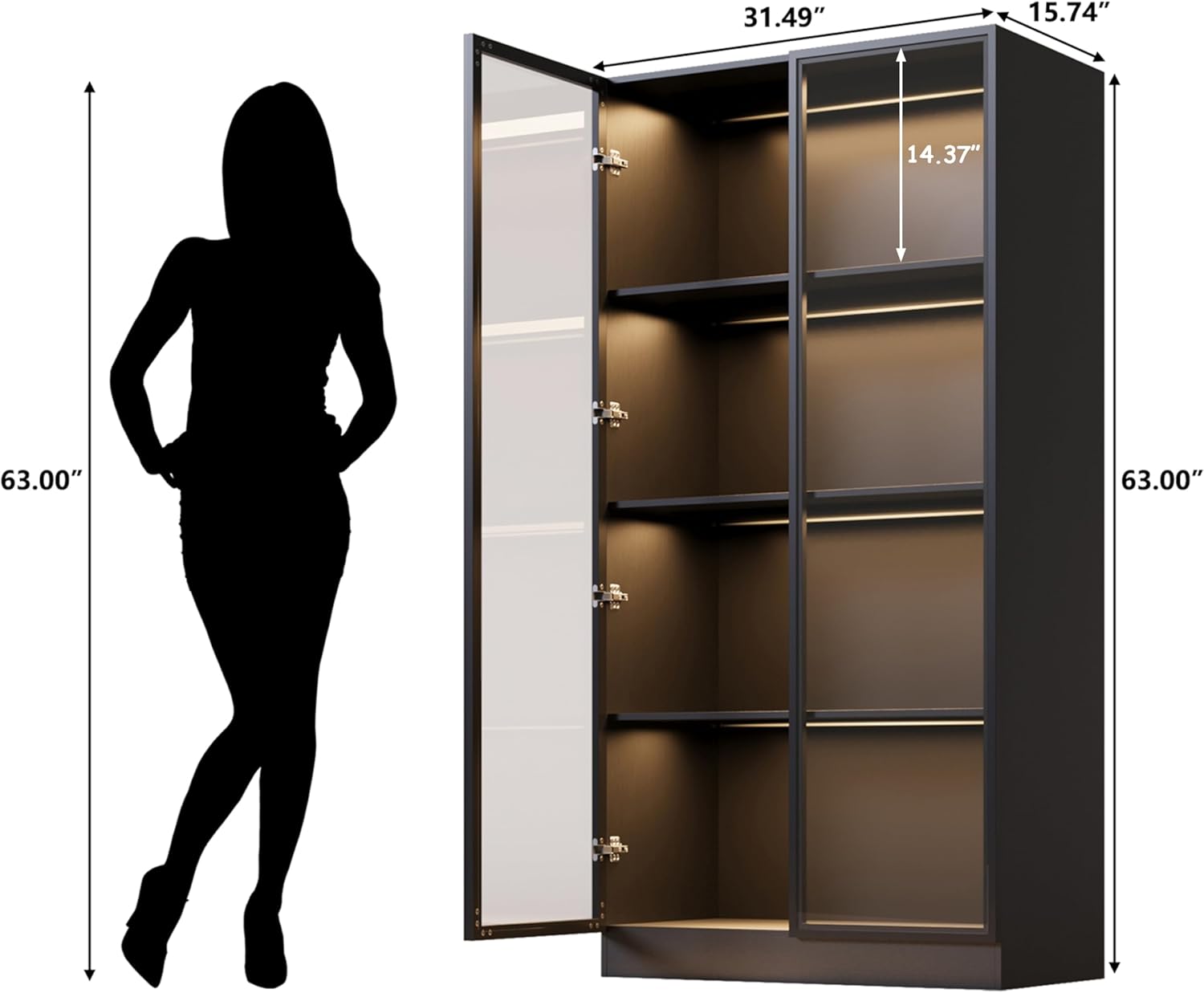 Display Cabinet with Glass Doors & Lights, 4-Tier Storage Cabinet Trophy Curio Display, Lighted Bookcase for Home Office, Black