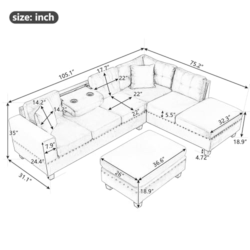 Merax Modern Sectional Sofa with Storage Ottoman, L Shaped Couch with 2 Pillows and 2 Cup Holders, Polyester Sectional Sofa with Reversible Chaise for Living Room, Home Office (Black)
