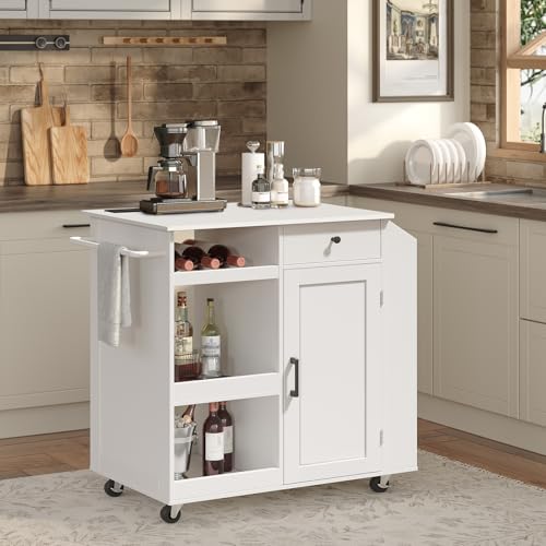 Kitchen Island with Power Outlet, Kitchen Storage Island with Drawer, Rolling Kitchen Cart on Wheels, Spice Rack, Towel Rack, Wine Rack, for Dining Room, Black and Natural KIHN122E01