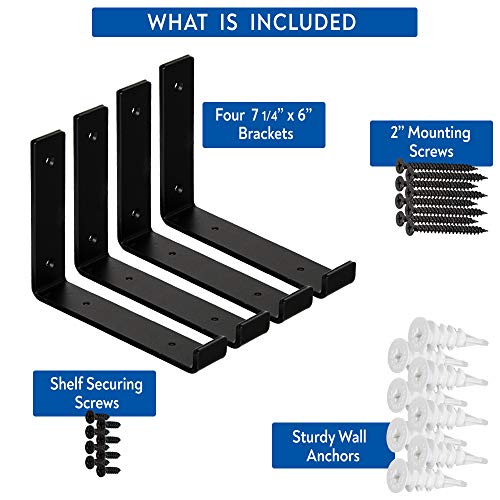 Shelf Brackets - Heavy-Duty & Extra Thick, Rustic Black Iron Finish, includes Hardware, 4-PK - Multiple Sizes Available (7.25